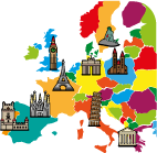 colourful map of europe with landmarks